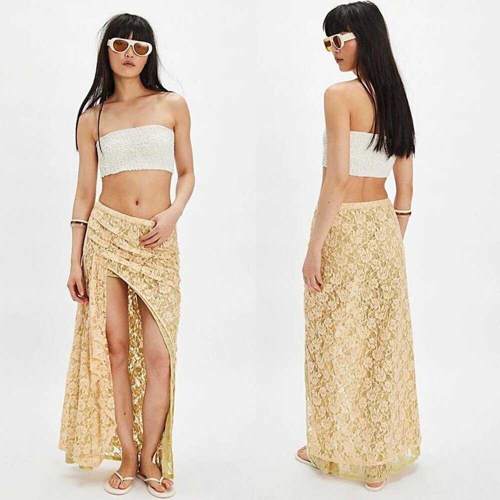 NWT New $148 Free People Lace Peach Creme Combo Solene Skirt Size L